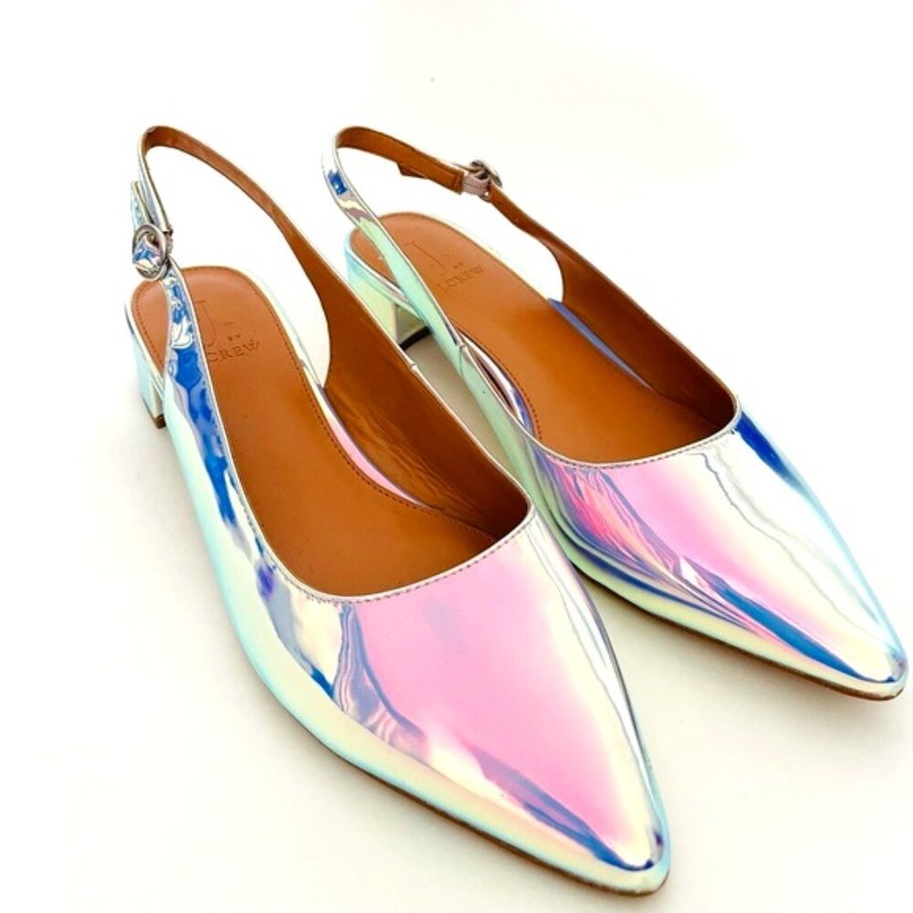 J Crew Lucie Iridescent Metallic Pointed Toe Slingback Low Block Heel flats  7 - Picture 2 of 8